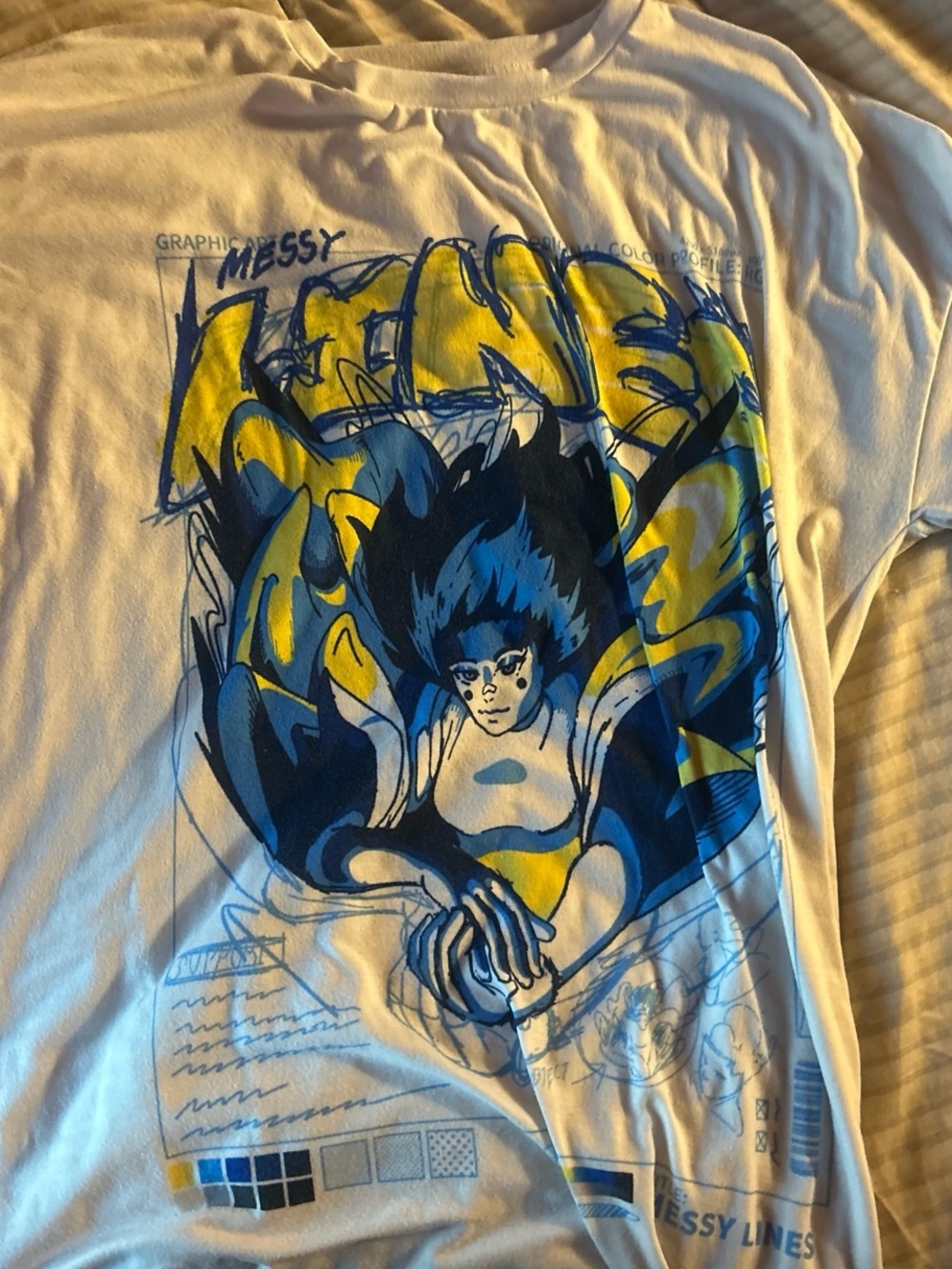 SHEIN White Graphic Tee with Blue and Yellow Anime Print
